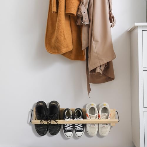 Mifoci 2 Pcs Wall Mounted Shoe Rack Organizer Wooden Modern Compact Wall Space Saving Shoe Holder Storage for Sneaker Footwear Slipper Boots Entryway Narrow Spaces Hallway(28.35'' Long) - size: 28.35'' Long