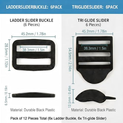 Ladder Lock Tri Glide Slide - Adjustable Strap Clips for Backpack/Gear Straps - Fits 3/4",1",1-1/4",1-1/2",2" Webbing - color: 6-pack for 1-1/2" Webbing