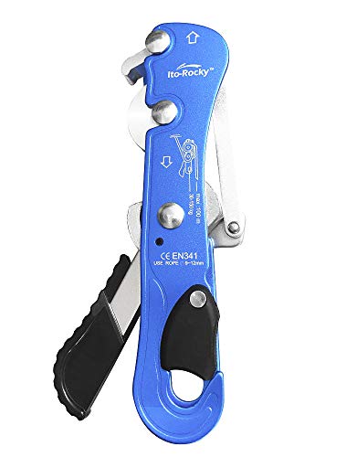 Self-Braking Stop Descender - CE Certified Rescue & Climbing Gear | Auto-Braking with Anti-Panic Function for Rescue, Cave Rappelling, Aerial Work, and Emergency Escape, Fits 9-12mm ropes - color: Blue Descender