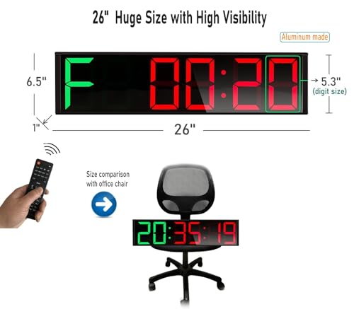 26'' Huge Home Gym Interval Workout Timers, Digital Wall Clock, with Countdown, Stopwatch, 7-Color Light, 8-Alarms, Calendar/Temperature Display, for HIIT/Tabata/FGB/EMOM (Green & Red)