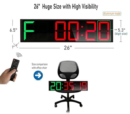 26'' Huge Home Gym Interval Workout Timers, Digital Wall Clock, with Countdown, Stopwatch, 7-Color Light, 8-Alarms, Calendar/Temperature Display, for HIIT/Tabata/FGB/EMOM (Green & Red)