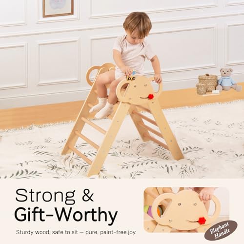 WINGYZ Pikler Triangle Set, Montessori 8-in-1 Foldable Climbing Set | Reversible Animal Slide, Patent-Protected Jungle Gym, Safe 2.35in Gap, ASTM F963 Standards for Toddlers 18M-5Y, Teak - color: Teak