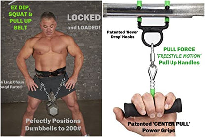 EZ DIP Pull Up Weight Belt plus PULL FORCE Rotating Pull Up Handles - Dipping Belt with Chain plus Dumbbell Hook - Pull Up Weight Belt - Best Dip Belt - 505# Dipping Belt -Belt Squat attachment