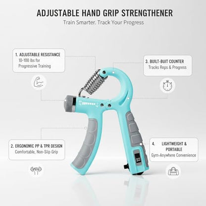 Adjustable Hand Grip Strengthener with Auto Counter, 10-100 lbs Resistance for Forearm Training, Ergonomic Non-Slip Design - color: Blue