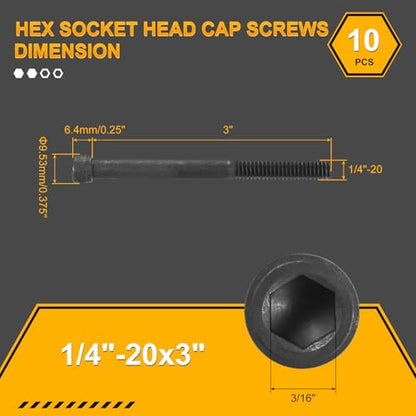 DTGN 1/4"-20x3 Socket Head Cap Screws Bolts - 10Pack - Good for Road Bicycle, Mountain Bike, Auto, Motorcycle - Carbon Steel Hex Head Metric Screws, Black - size: 1/4"-20x3"
