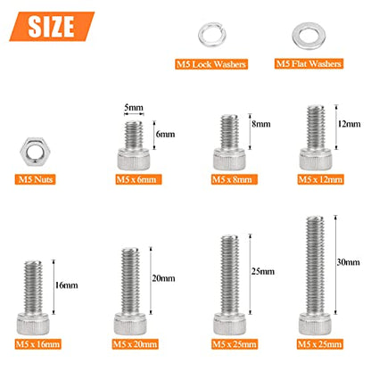 HELIFOUNER 210 Pieces M5 x 6mm /8mm /12mm /16mm /20mm /25mm /30mm, Hex Socket Head Cap Screws Bolts Washers Nuts Kit, 304 Stainless Steel (Hex Wrench is Not Included) - size: M5, style: Socket Head Screws