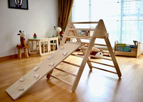 Montessori Climbing Triangle | Wooden Indoor Climbing Frame for Kids & Toddlers | Montessori Climbing Structure | Montessori Play Structure Wooden Activity Triangle (Triangle + Rockwall Ramp) - style: Triangle + Rockwall Ramp