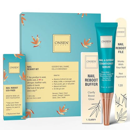 Onsen Secret Nail Care Kit - w/Cuticle Care Serum, Japanese Nail Buffer and Shine Kit - Strengthening & Shining - Spa-Quality Manicure - Organic Ingredients - Long-Lasting Shine - Easy & Safe - 1pk - size: Essential Nail Reboot Kit (Serum)