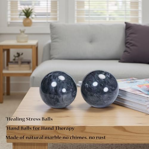 Baoding Balls 2Pcs, 2 inch Natural Marble Baoding Chinese Meditation Balls, with Carry Case for Hands Stress Relief, Dark Grey - color: Dark Grey, size: Large-2"
