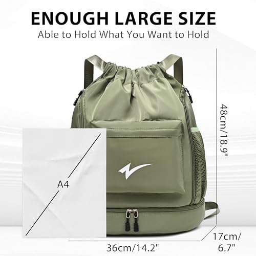 Sport Drawstring Backpack, Gym Bag with Mesh Side Pockets and Separate Shoe Compartment, Water-Resistant (Army-Green) - color: Army-green