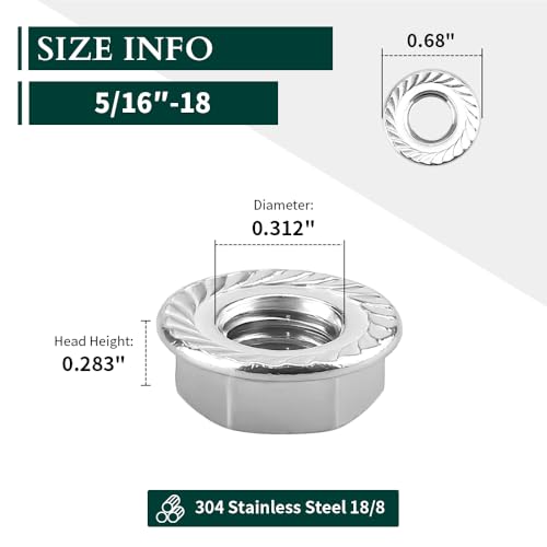 5/16-18 Serrated Flange Hex Lock Nuts, 304 Stainless Steel 18-8 Anti-Loose Nuts for Machinery, Automotive, DIY, 100 PCS - size: 5/16-18