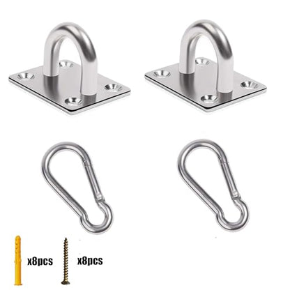2 Pack M5 Heavy Duty Stainless Steel Square Pad Eye Anchors with 2 Snap Clips, 8 Screws & 8 Plastic Wall Plugs – Rustproof Mounting Hardware for Hanging, Storage, Marine, Garage, Outdoor Use