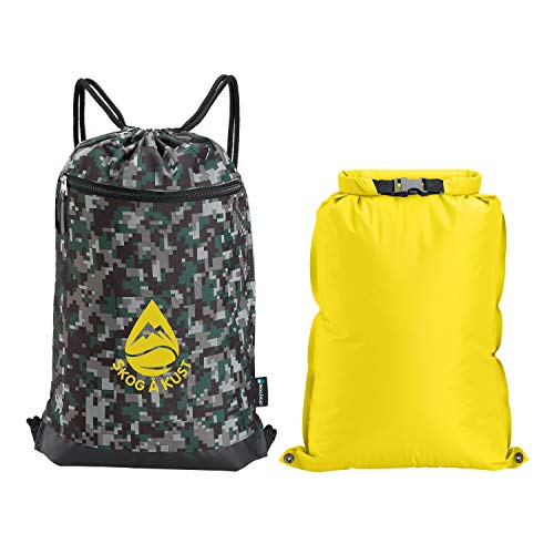 Skog Å Kust GymSak | Patented 2-in-1 Drawstring Cinch Bag with Removable Waterproof Dry Bag | Camo & Yellow - color: Digicamo