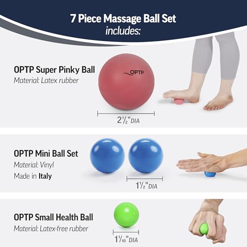 OPTP Massage Ball Set – Five Self-Massage Products for Alleviating Tension | 7-Piece self-massage kit for sore muscle relief & myofascial release, Massage therapy tools for body & feet, with mesh bag