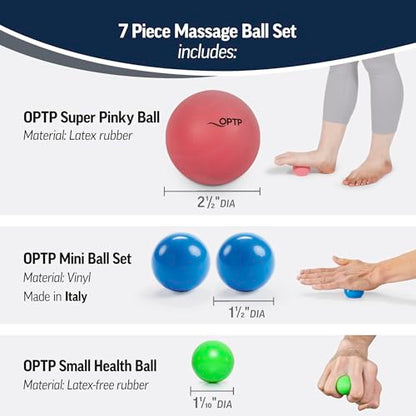 OPTP Massage Ball Set – Five Self-Massage Products for Alleviating Tension | 7-Piece self-massage kit for sore muscle relief & myofascial release, Massage therapy tools for body & feet, with mesh bag
