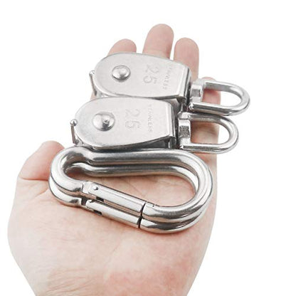 TooTaci 2pcs M25 Crane Pulley Block, Heavy Duty Pulley System for Lifting, 304 Stainless Steel Swivel Hook Single Pulley Wheel with 20M(6mm) Nylon Rope & 2pcs Spring Snap Hook | Heavy Duty Swivel Hook Single Pulley Wheel with 20M(6mm) Nylon Rope & 2pcs Sp