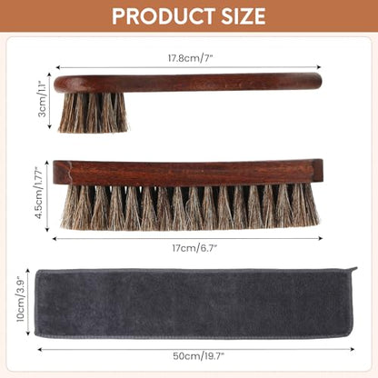 3pcs 100% Horse Hair Shoe Brush Kit Shoe Shine Kit Beech Wood Leather Care Set Suede Boot Cleaner Polish Applicator Dauber Buffing Cloth Soft Natural Bristles Men Gift Box for Boots Shoes Sneakers Car