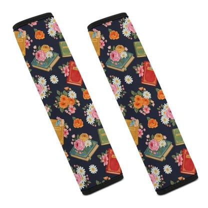2PCS Readers Librarian Reading Flowers Book Car Seat Straps Shoulder Pads Universal Soft and Comfortable Seat Belt Covers Cushion for Child, All Vehicles, Shock Absorption - color: Pattern 493