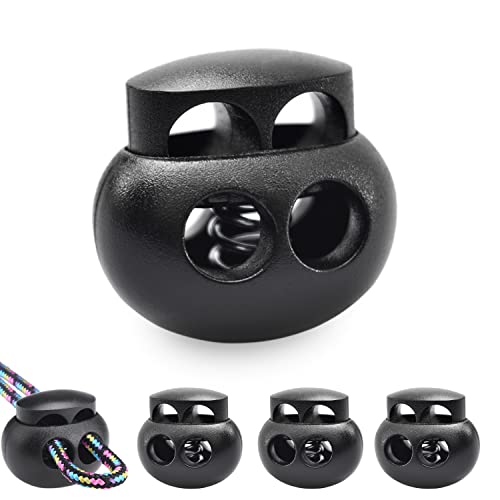 LongSLong 12 Pack Black Plastic Spring Cord Lock Toggle Stopper for Drawstring, Paracord Cord Stop Elastic Shoelace Lock Fastener Slider Clip Double Hole - color: Black 12pcs
