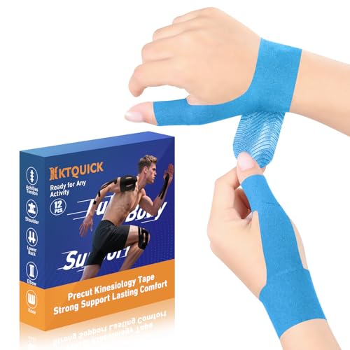 KTQUICK Precut Kinesiology Tape for Thumb Left, 12PCS Waterproof & Hypoallergenic Latex-Free Athletic Tape for Thumb Support, Wrist & Thumb Brace, Elastic Breathable Long-Lasting Thumb Tape(Blue) - color: Blue, size: LEFT