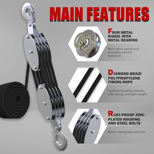 YATOINTO Rope Hoist Pulley System with Metal Bearing, 4400LB Pulley Block and Tackle, 8:1 Lifting Power 65ft, Heavy Duty Pulley Block for Hunting Lifting Heavy Objects Garage Warehouses Building - size: 4 Pulley