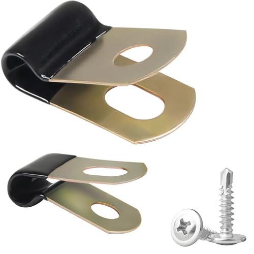 50 Set 1/4 Inch Cable Clamps,Vinyl Coated Cable Clamp with 304 Stainless Steel Truss Head Self-Tapping Screws,Metal Rubber Clamp for Pipe,Hose,Wire Cord Installation(6mm)