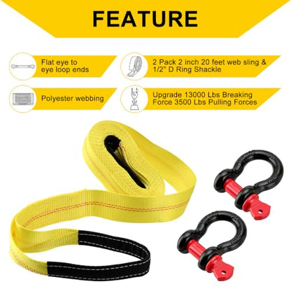 Pindex 2 Pack 2" x 20' Upgrade Web Lifting Sling & 1/2" D Ring Shackle 13000 Lbs Breaking Force 3500 Lbs Pulling Forces Lift Sling Straps for Rocks Trees Mowers Tool in Trailer Tractor Truck,Yellow - size: 2" x 20' & Ring Shackle