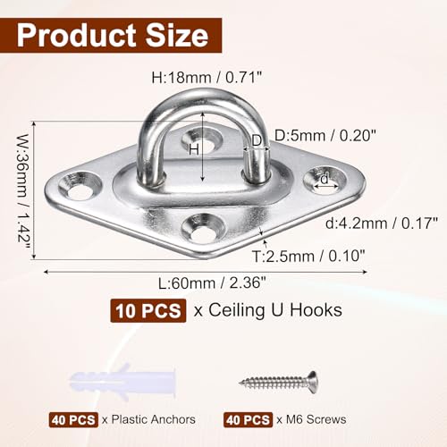 uxcell 10 Pcs Stainless Steel Pad Eye Plate, 0.2" M5 Heavy Duty Marine Hardware Hooks with Screws for Ceiling Hanging Hammock Swing Chair Yoga Trapeze, Silver Tone Diamond Shape
