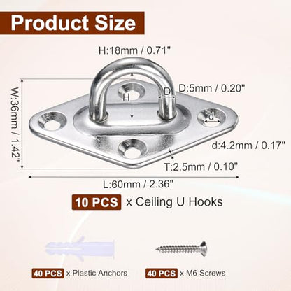 uxcell 10 Pcs Stainless Steel Pad Eye Plate, 0.2" M5 Heavy Duty Marine Hardware Hooks with Screws for Ceiling Hanging Hammock Swing Chair Yoga Trapeze, Silver Tone Diamond Shape