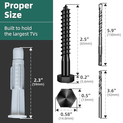 Lag Bolts for TV Wall Mount with Drill Bit, 23-Pack TV Mount Screws Kit with M8x65mm Lag Screws, Drywall Anchors, Washers, Bubble Level Hardware Kit for Wood Stud Brick Concrete