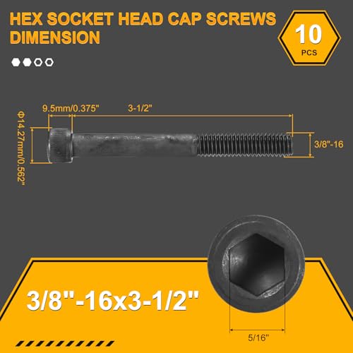 DTGN 3/8"-16x3-1/2 Socket Head Cap Screws Bolts - 10Pack - Good for Road Bicycle, Mountain Bike, Auto, Motorcycle - Carbon Steel Hex Head Metric Screws, Black - size: 3/8"-16x3-1/2"