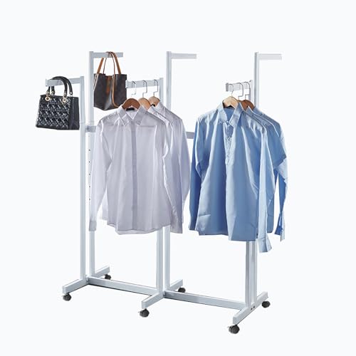 Floor Standing Metal Garment Rack - Heavy Retail Display Racks With Wheels | 6 Arms Clothing Rack, Square Tubing Portable Shirt Racks, Merchandise Display For Hanging Clothes (White) - color: White