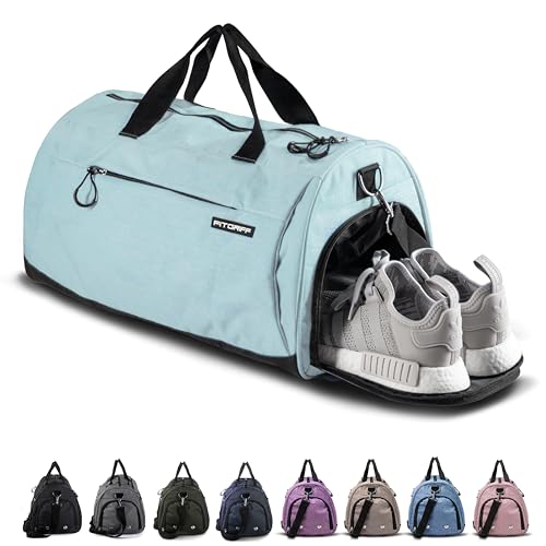 Fitgriff® Gym Bag for Men & Women with Shoe & Wet Compartment - Duffle Bag for Travel, Sports, Fitness & Workout - color: Cyan, size: 23 x 12 x 12″ (Medium)