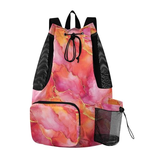 Drawstring Bags Climbing Gym Bag With Water Bottle Pocket String Backpack Bag Waterproof Marble Hot Pink Peach
