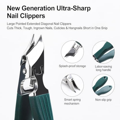 Eagle Beak Nail Clippers for Ingrown & Thick Nails – Beveled/Slanted/Angled Blades, Long Handle Wide Jaw, Anti-Splash Ultra Sharp Stainless Steel Edge 3-Piece Set for Men/Women (Green) - color: Green