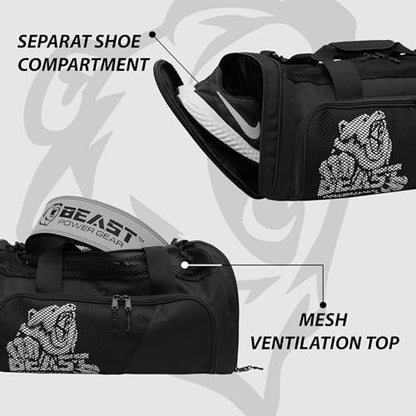 Beast Power Gear Gym Duffle Bag - Workout, Boxing, MMA, Sports Bag with Shoes Compartment and Adjustable Shoulder Strap for Men and Women (Black/White) - color: Black/White