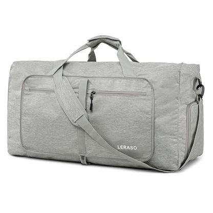 65L Foldable Duffle Bag with Shoe Compartment - Large Travel Duffel Bag for Men & Women, Packable Weekend Bag with Trolley Sleeve, Water-Resistant & Lightweight Gym Bag for Travel, Sports（Beige） - color: Beige