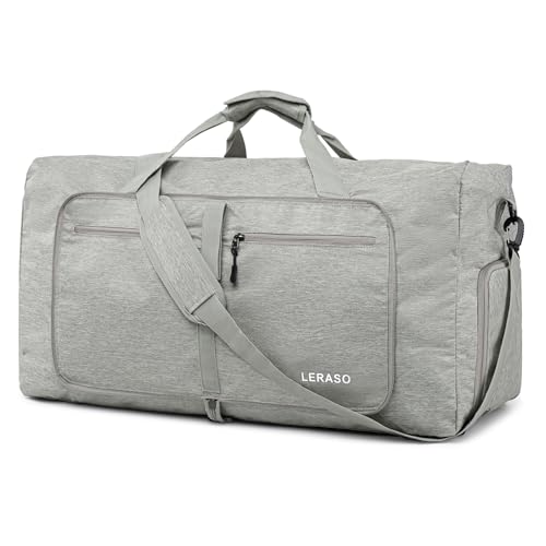 65L Foldable Duffle Bag with Shoe Compartment - Large Travel Duffel Bag for Men & Women, Packable Weekend Bag with Trolley Sleeve, Water-Resistant & Lightweight Gym Bag for Travel, Sports（Beige） - color: Beige