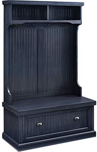 Crosley Furniture Seaside Hall Tree with Shoe Rack Bench and Coat Hooks for Hanging Storage, Distressed Navy - color: Distressed Navy, style: Hall Tree