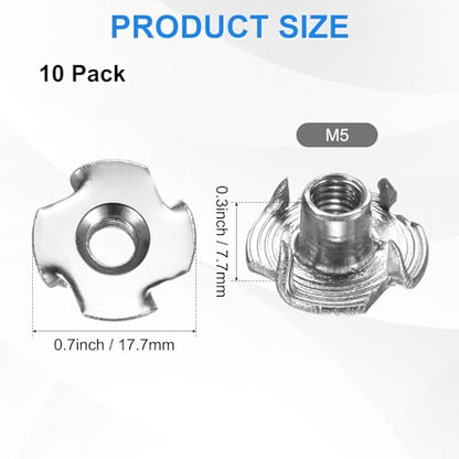 M METERXITY 10-Pack M5x7.7mm T-nut, 4-Pronged Tee Nut Threaded Insert | Stainless Steel, for Wood, Rock Climbing Holds, Furniture, Corrosion Resistant Fasteners - size: M5x7.7mm