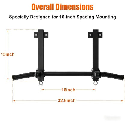 Joist Mounted Pull Up Bar, 650LB Load, Fit 16" Ceiling Beam Spacing | Multi-Grip with Finger Balls, 2 Suspension Rings, Fit Solid Concrete and Wood Mount, Home Gym, Garage & Basement