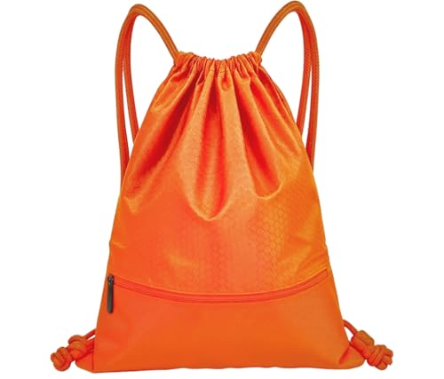 Sports Drawstring Backpack for Men, Waterproof Swim Gym Bag with Shoes Compartment for Women, Lightweight Pull String Sport Bag for Swim, Soccer, Orange&Medium - color: Orange, size: Medium
