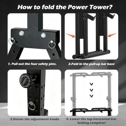 Foldable Power Tower Pull Up Bar Station, Adjustable Height | 700lbs Loading,Free Standing Pull Up Power Tower Station,Portable and Space Saving,fits Woman and Man, Mulit-grips, - color: Black