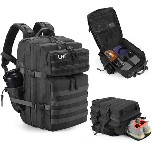 LHI Military Tactical Backpack for Men and Women 45L Army 3 Days Assault Pack Bag Large Rucksack with Shoe Compartment - color: 1.0 Black
