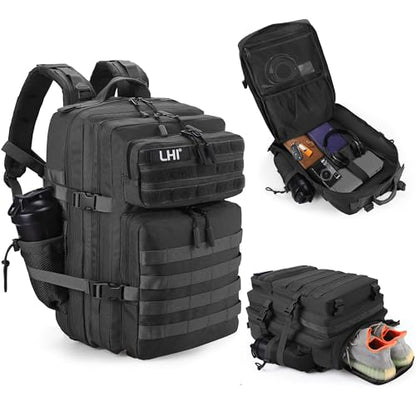 LHI Military Tactical Backpack for Men and Women 45L Army 3 Days Assault Pack Bag Large Rucksack with Shoe Compartment - color: 1.0 Black