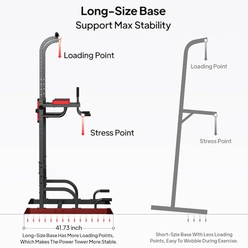 Pooboo Power Tower Dip Station Pull Up Bar for Fitness Home Gym Workout,450 Pounds Multi-Function Adjustable Height Fitness Strength Training Exercise Equipment,with Power Elastic Ropes - color: Black Red-03