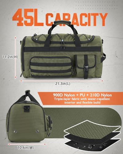 Gonex 45L Tactical Duffel Bag, 3-in-1 Gym & Travel Bag | Shoe compartment, Tactical gear loops, Water-repellent lining, 5 zip pockets, Weekend travel - color: Army Green, size: 45L