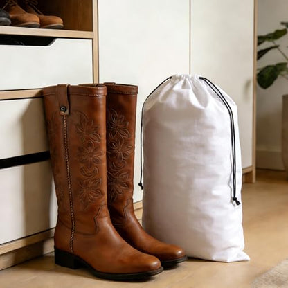 Klmnop 4 Pcs Cowboy Boot Bags for Travel and Storage, Washable Breathable Flannel Cotton Drawstring Pouches, Shoe Storage Bag for Cowboy Boot Protection, 12.6x21 Inch(White)