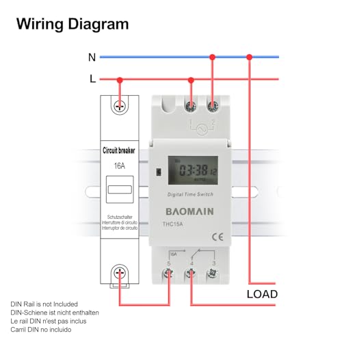 BAOMAIN THC15A 12V Digital Programmable Timer Switch,16A Weekly Relay | AC/DC 12V Power Input with 16A Max Switch Capacity,Up To 250VAC,Supports 28 Weekly Settings. Din Rail Mount