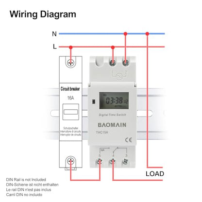 BAOMAIN THC15A 12V Digital Programmable Timer Switch,16A Weekly Relay | AC/DC 12V Power Input with 16A Max Switch Capacity,Up To 250VAC,Supports 28 Weekly Settings. Din Rail Mount